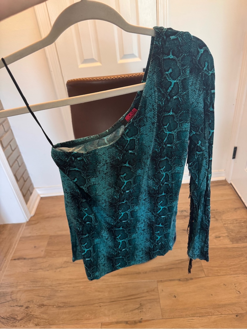 One-Shoulder Teal Snake-Print Blouse